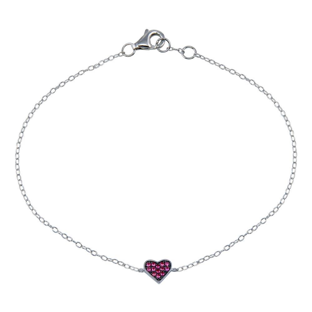 Rhodium Plated 925 Sterling Silver CZ Heart Bracelet - STB00589-RED