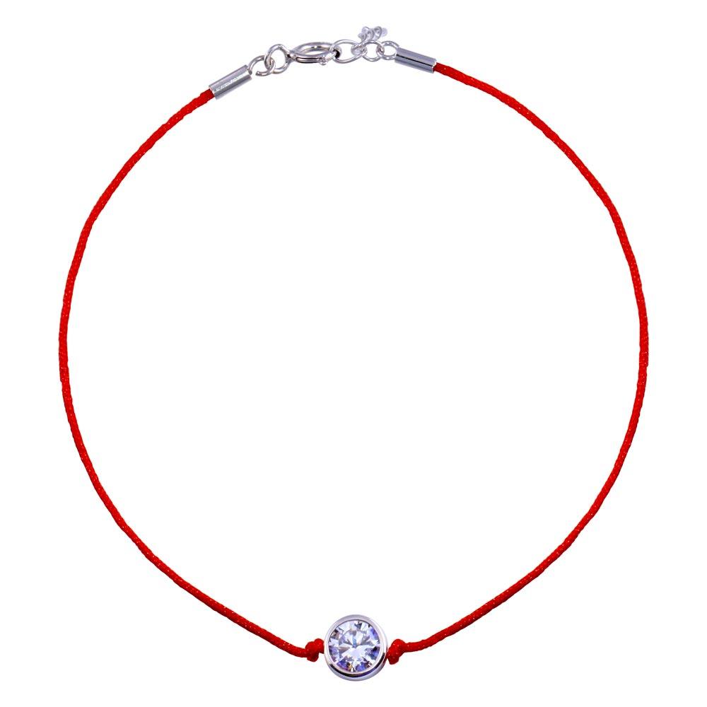 Rhodium Plated 925 Sterling Silver Single CZ Red Cord Bracelet - STB00592