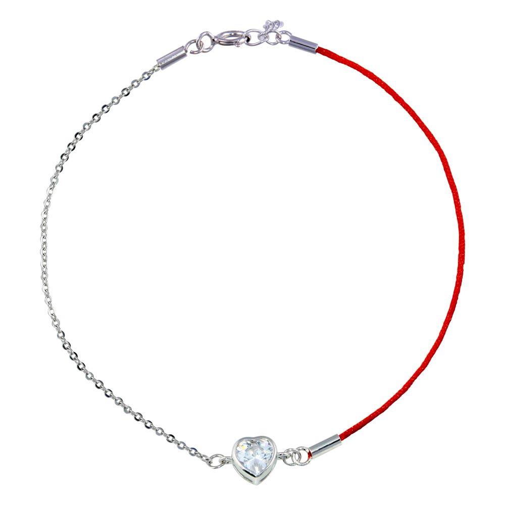 Rhodium Plated 925 Sterling Silver Single Heart CZ Red Cord Bracelet - STB00593