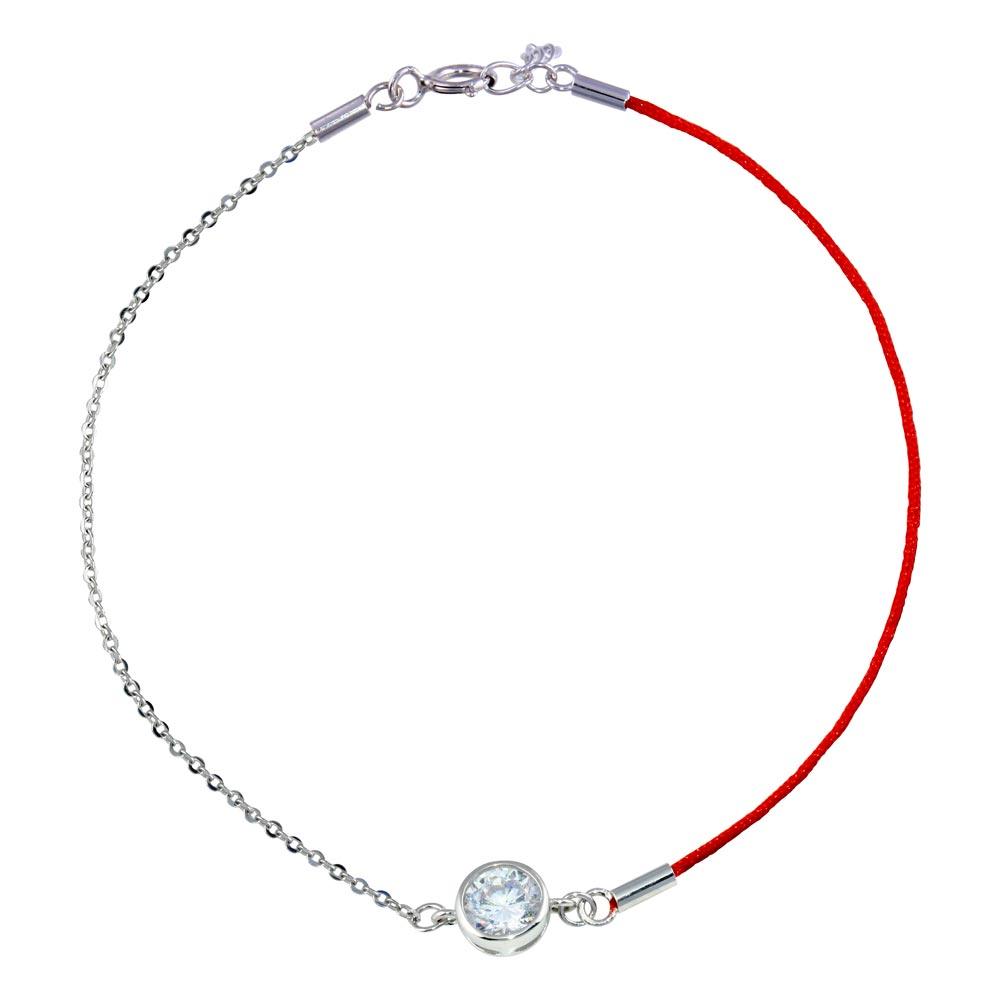 Rhodium Plated 925 Sterling Silver Round CZ Red Cord Bracelet - STB00596