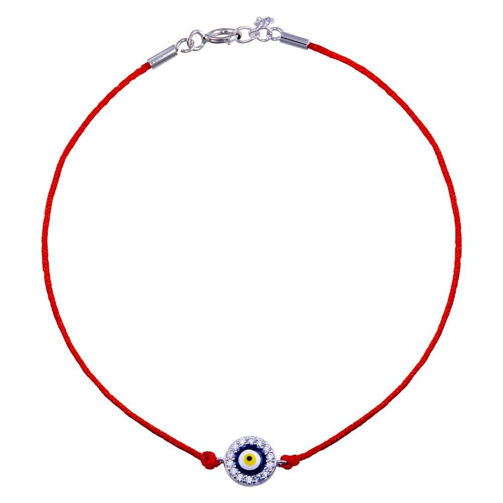 Rhodium Plated 925 Sterling Silver Round Evil Eye CZ Red Cord Bracelet - STB00598