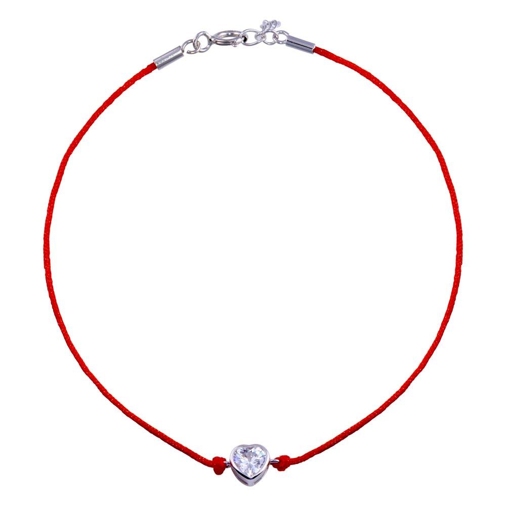 Rhodium Plated 925 Sterling Silver Single Heart CZ Red Cord Bracelet - STB00599