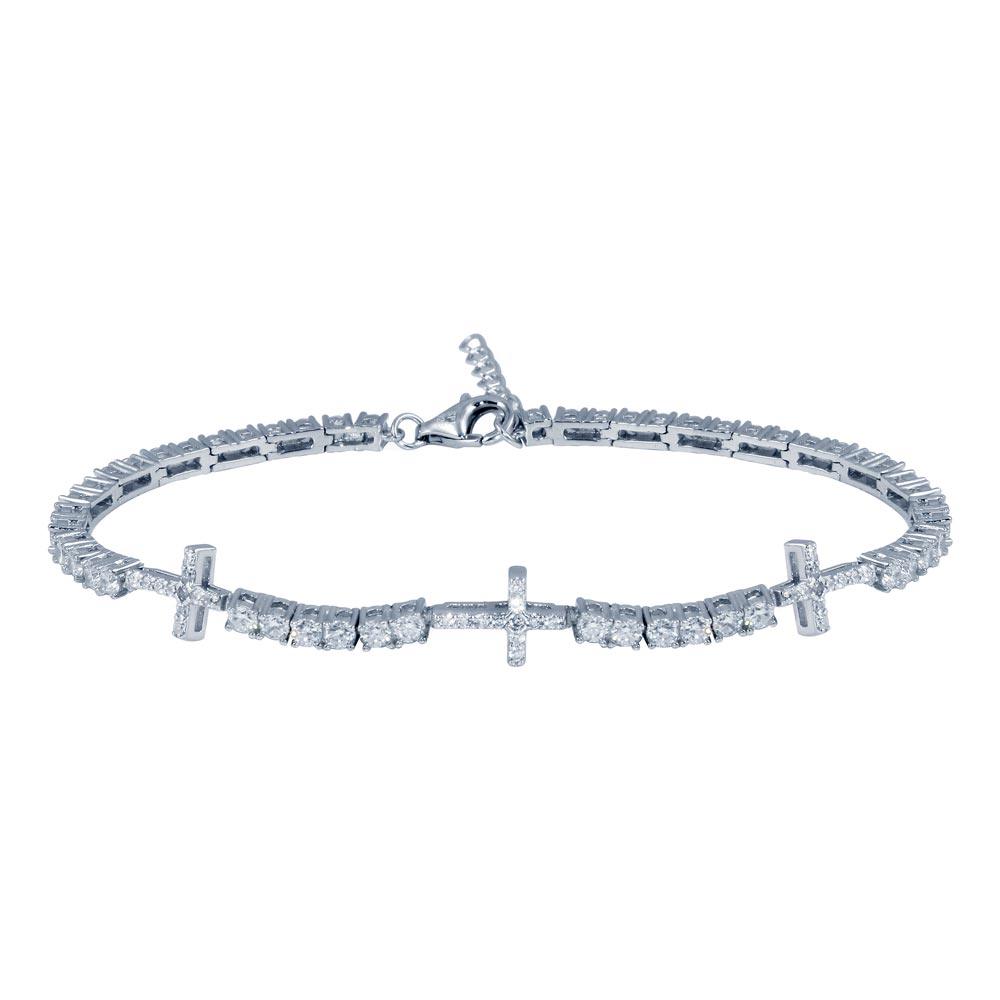 Rhodium Plated 925 Sterling Silver 7.6mm Cross Link CZ Tennis Bracelet - STB00608