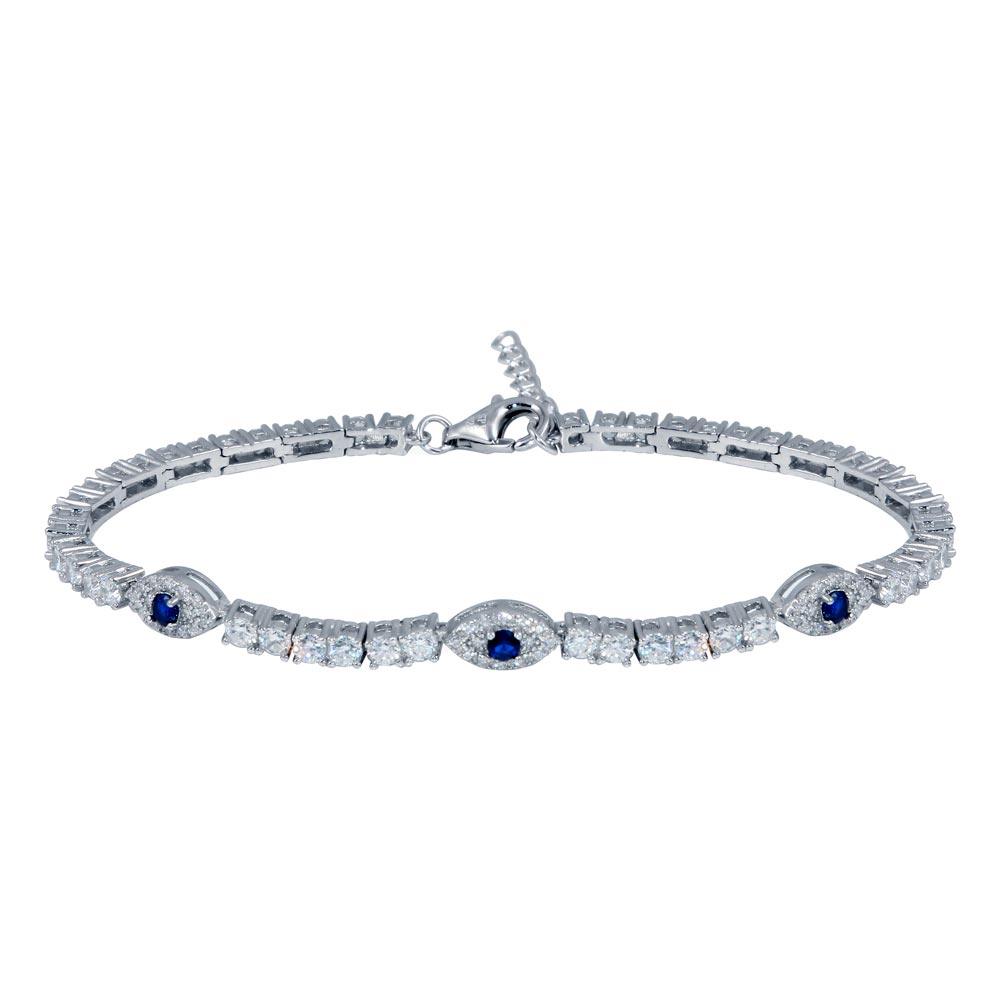 Rhodium Plated 925 Sterling Silver 5mm Evil Eye Link CZ Tennis Bracelet - STB00609