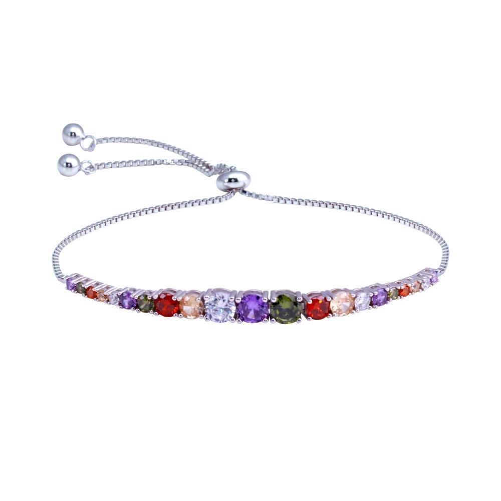 Rhodium Plated 925 Sterling Silver Round Multicolor CZ Link Adjustable Bracelets - STB00613