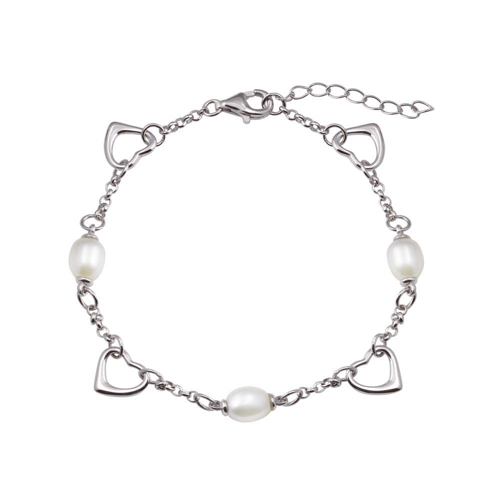 Rhodium Plated 925 Sterling Silver Heart Mother of Pearl Adjustable Bracelet - STB00617