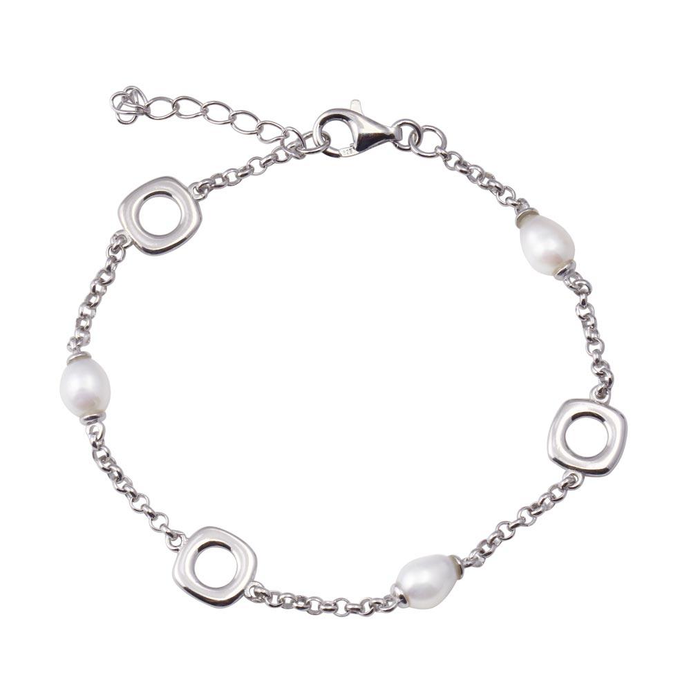 Rhodium Plated 925 Sterling Silver Square Mother of Pearl Adjustable Bracelet - STB00618