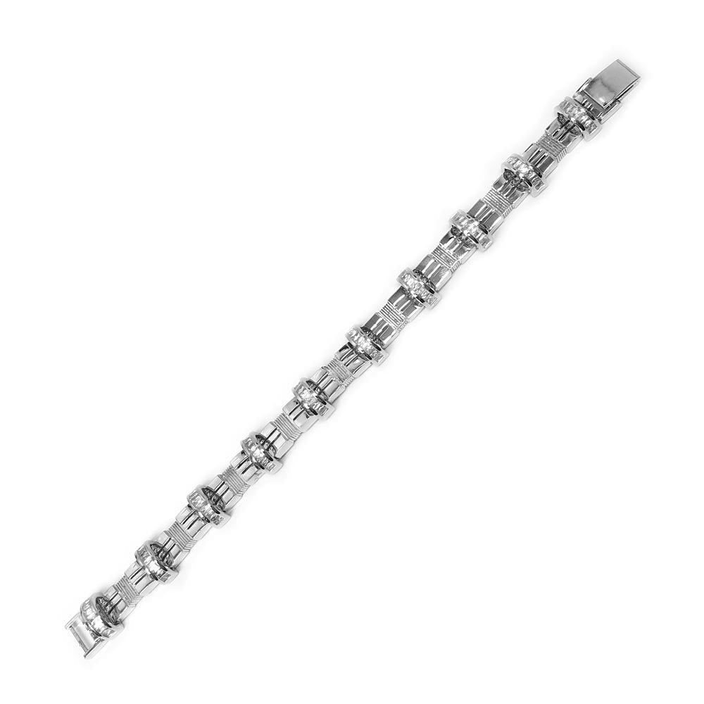 Men's Rhodium Plated 925 Sterling Silver CZ Encrusted Arc Bracelet - STBM0003