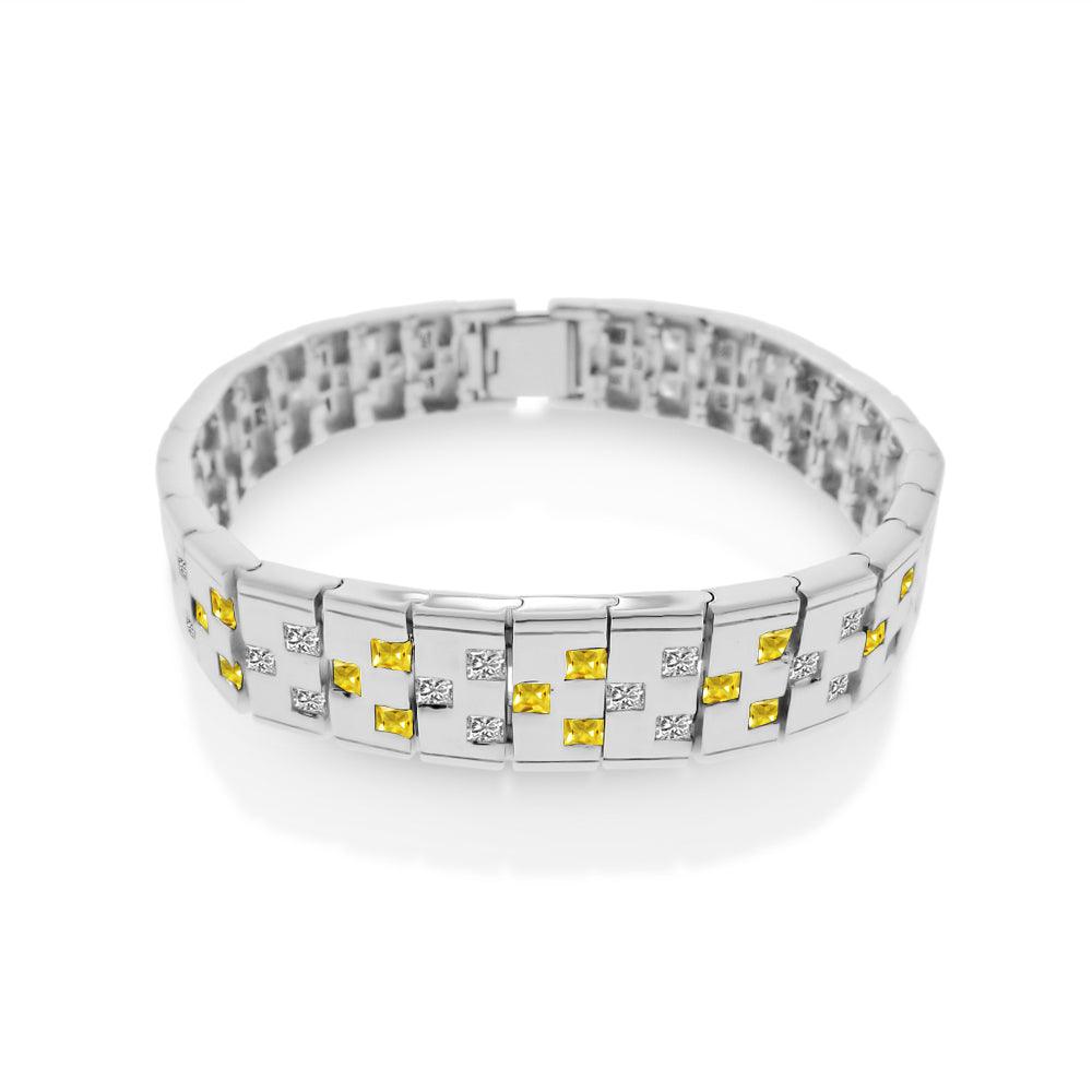 Rhodium Plated 925 Sterling Silver Men's Yellow and Clear CZ Domino Design Bracelet - STBM0012Y