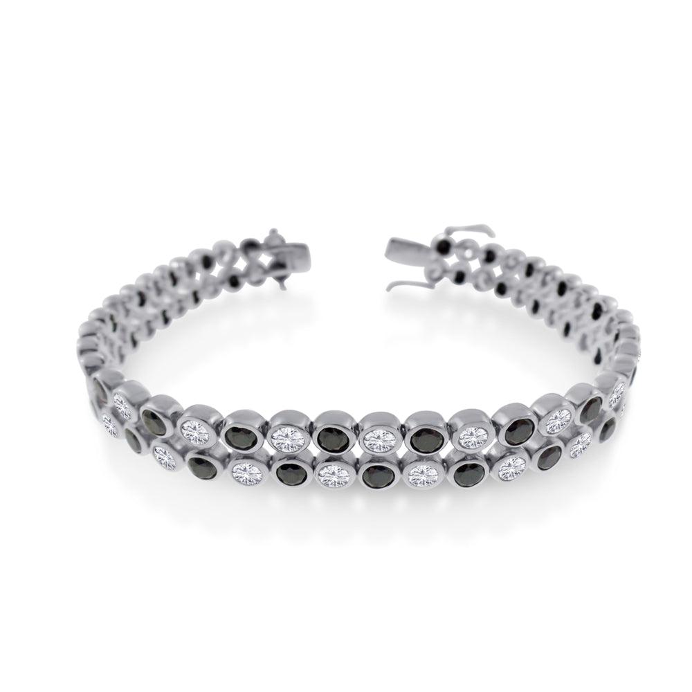 Rhodium Plated 925 Sterling Silver Men's 2 Row Clear and Black CZ Bubble Bracelet - STBM0018BLK