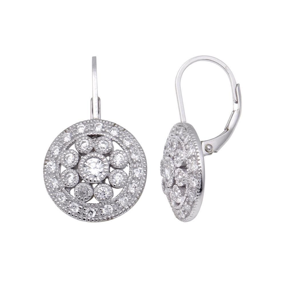 Silver 925 Rhodium Plated Round Cluster CZ Hook Earrings - STE00138