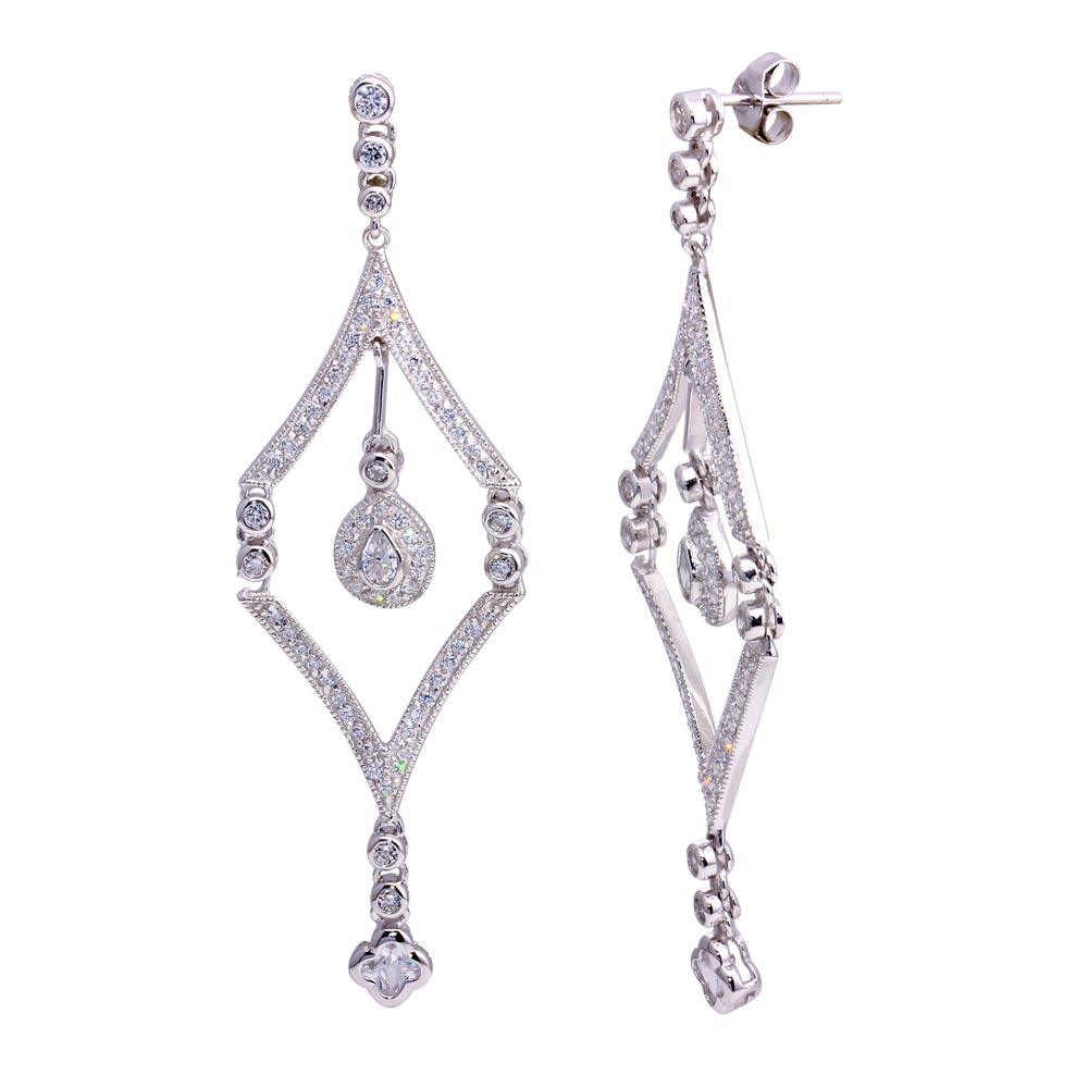 Silver 925 Rhodium Plated Clover and Teardrop CZ Square Open Chandelier Dangling Post Earrings - STE00396