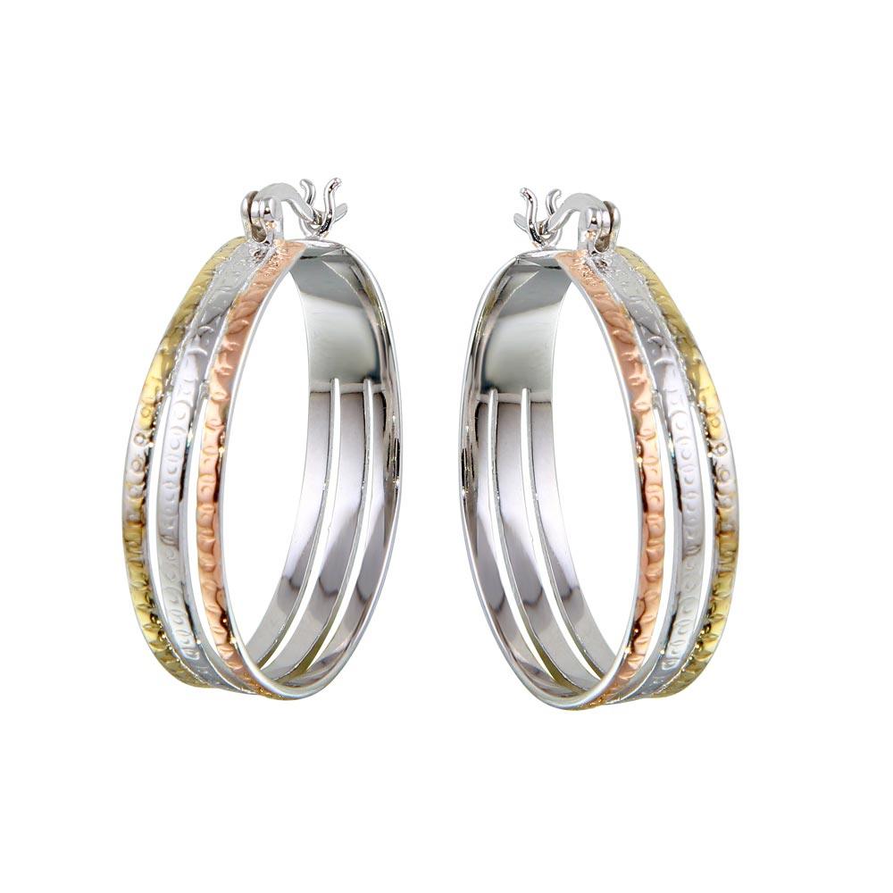 Three-Tone 925 Sterling Silver 3 Hoop Earrings - STE00446