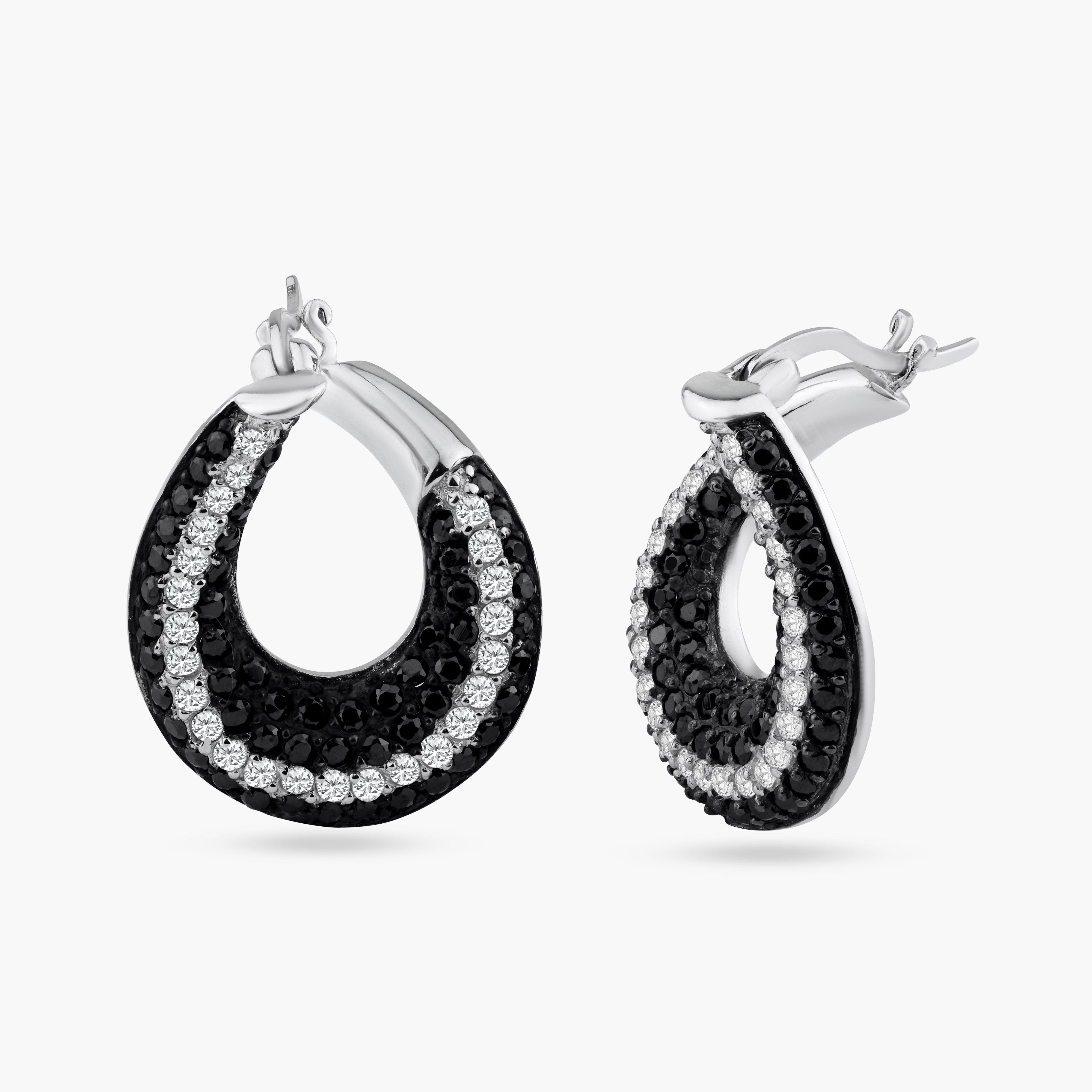 Closeout-Silver 925 Black and Silver Rhodium Plated Teardrop CZ Hoop Earrings - STE00556