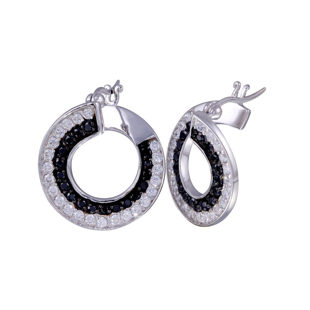 Closeout-Silver 925 Black and Silver Rhodium Plated Twirl Round Ramp CZ Hoop Earrings - STE00558