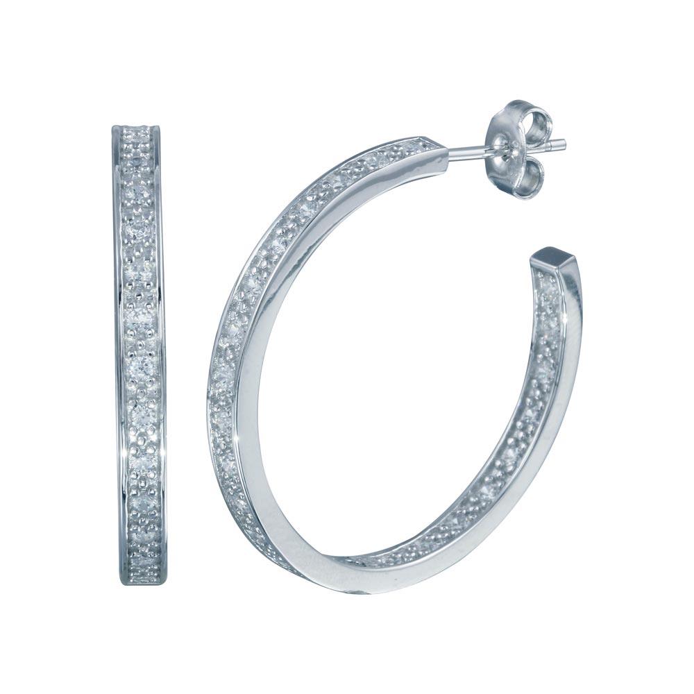 Rhodium Plated 925 Sterling Silver Round CZ Hoop Earring - STE00566