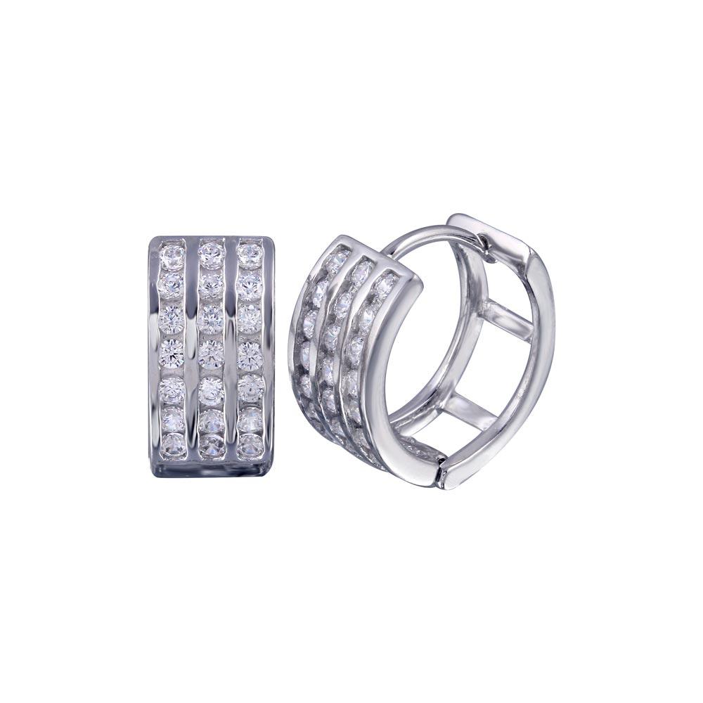 Silver 925 Rhodium Plated Round Clear CZ huggie hoop Earrings - STE00687