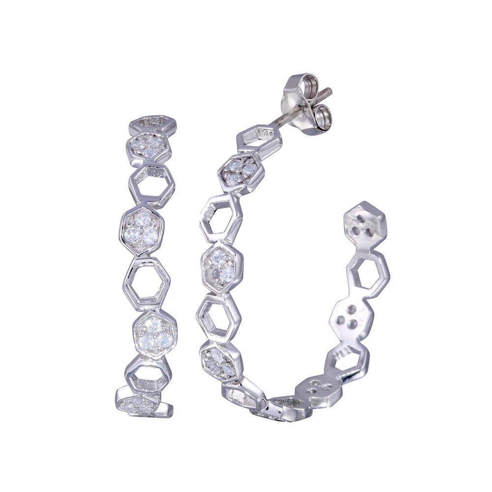 Closeout-Silver 925 Rhodium Plated Hexagon Clear CZ Round J Hook Stud Earrings - STE00704