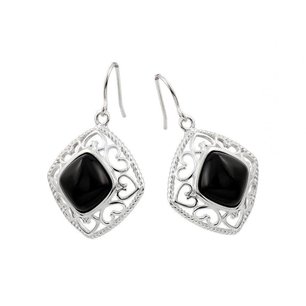 Closeout-Silver 925 Rhodium Plated Square Black CZ Dangling Hook Earrings - STE00738