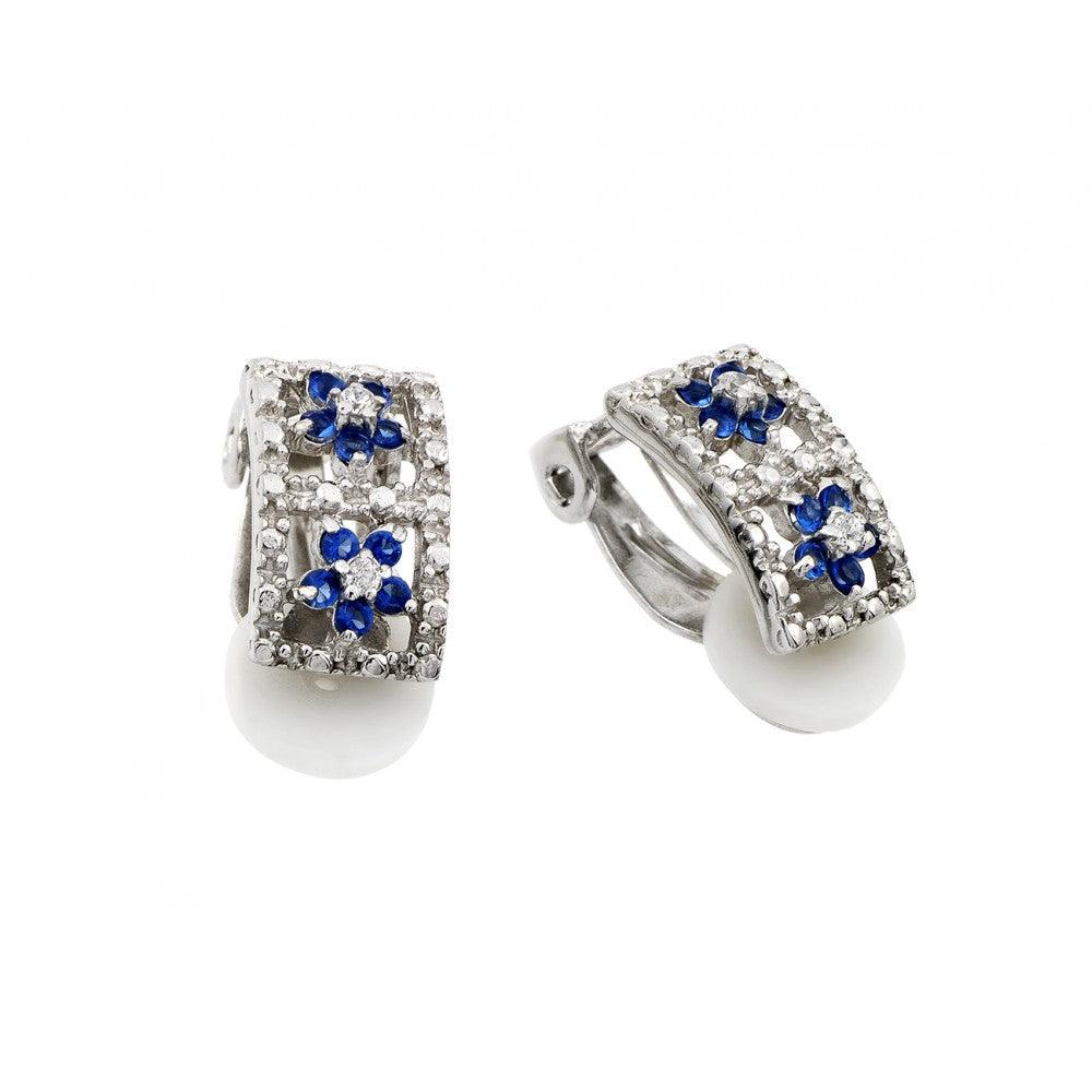 Silver 925 Rhodium Plated Flower Round Blue and Clear CZ Hoop Earrings - STE00741