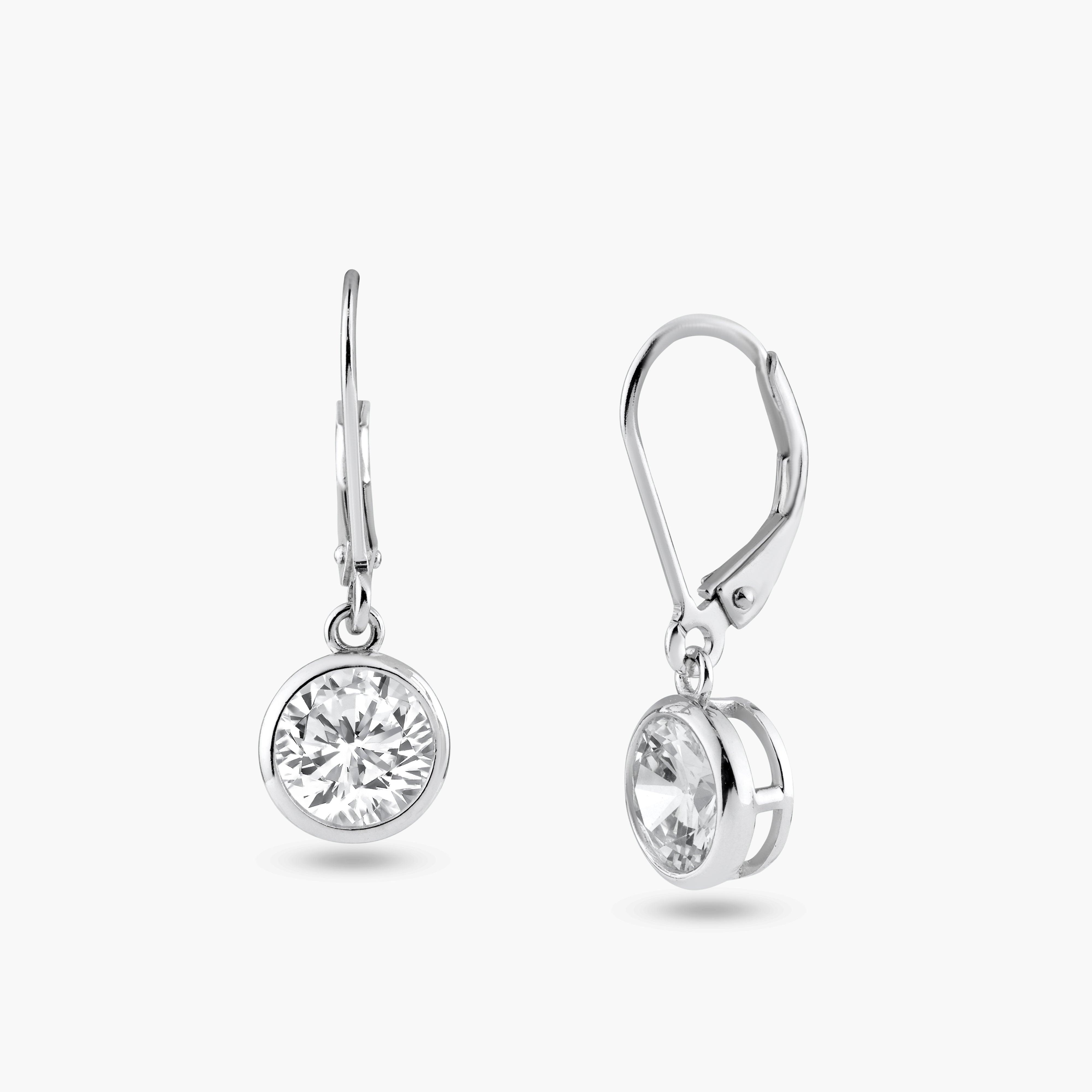 Silver 925 Rhodium Plated Round Clear CZ Dangling Hook Earrings - STE00877