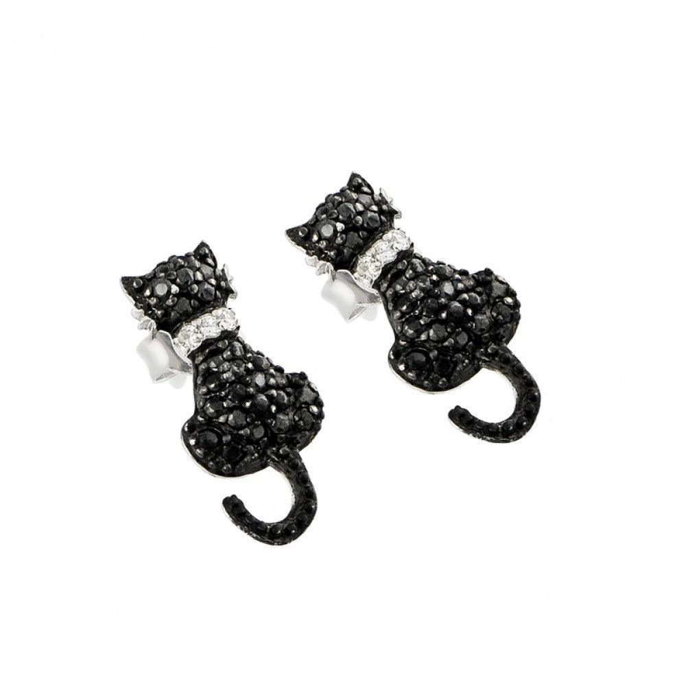 Silver Black and Silver Rhodium Plated Cat Black and Clear CZ Dangling Stud Earrings - STE00904