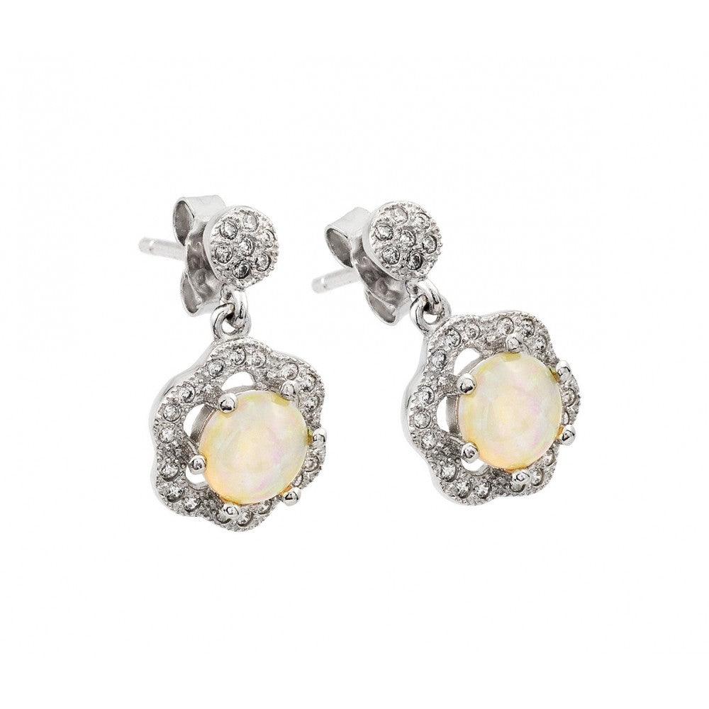 Silver 925 Rhodium Plated Round Flower CZ Pearl Dangling Stud Earrings - STE00942