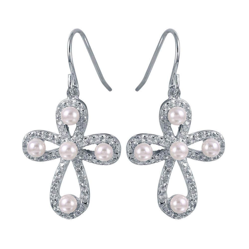 Silver 925 Rhodium Plated Rounded Textured Cross Earrings with Synthetic Pearls - STE00969