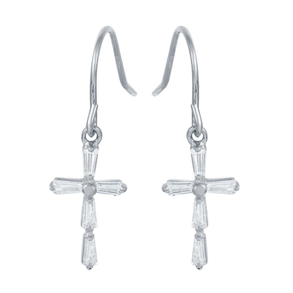 Silver 925 Rhodium Plated Small Cross Earrings with CZ Baguette Accents - STE00970