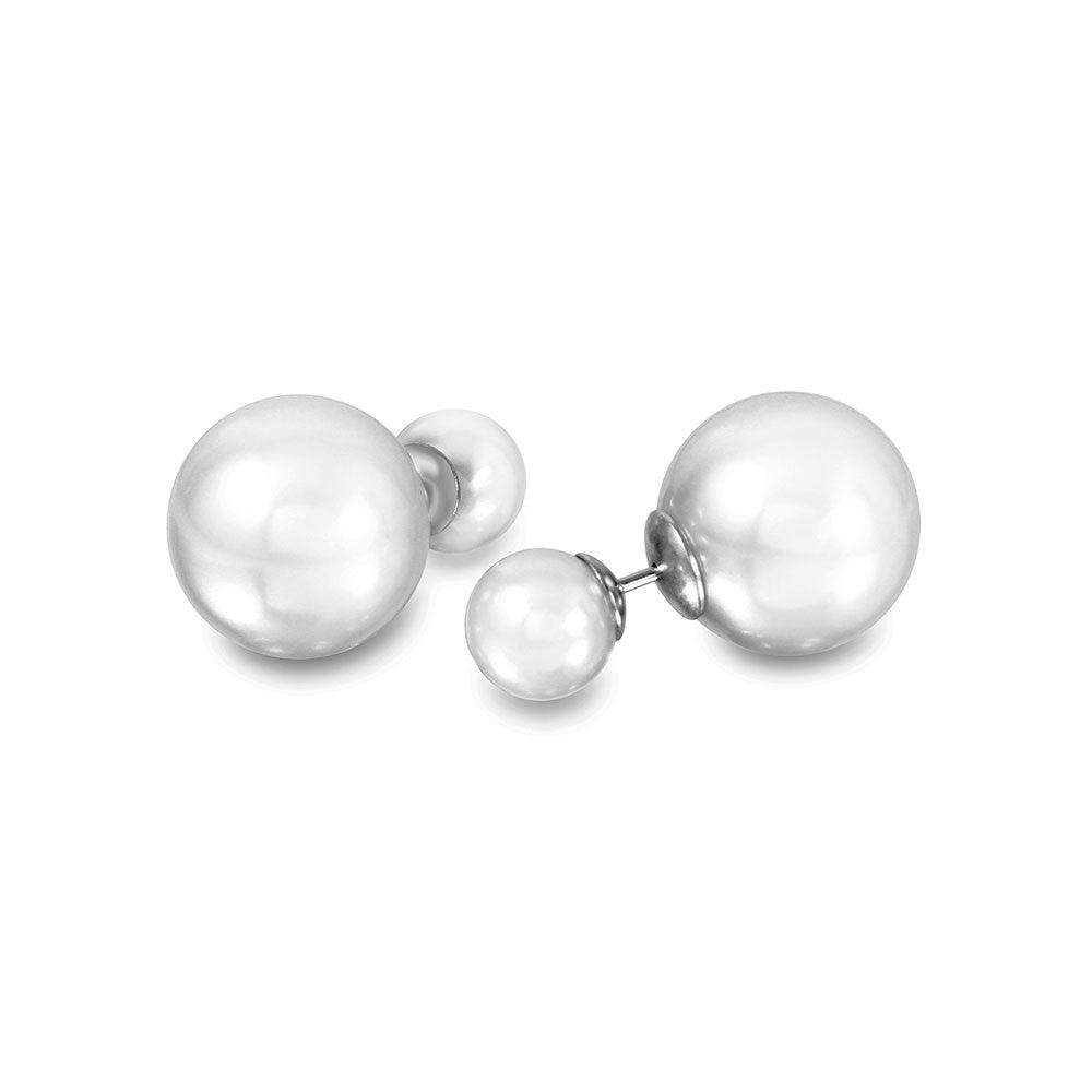 Silver 925 Rhodium Plated Pearl White Front and Back Earrings - STE00992WHT