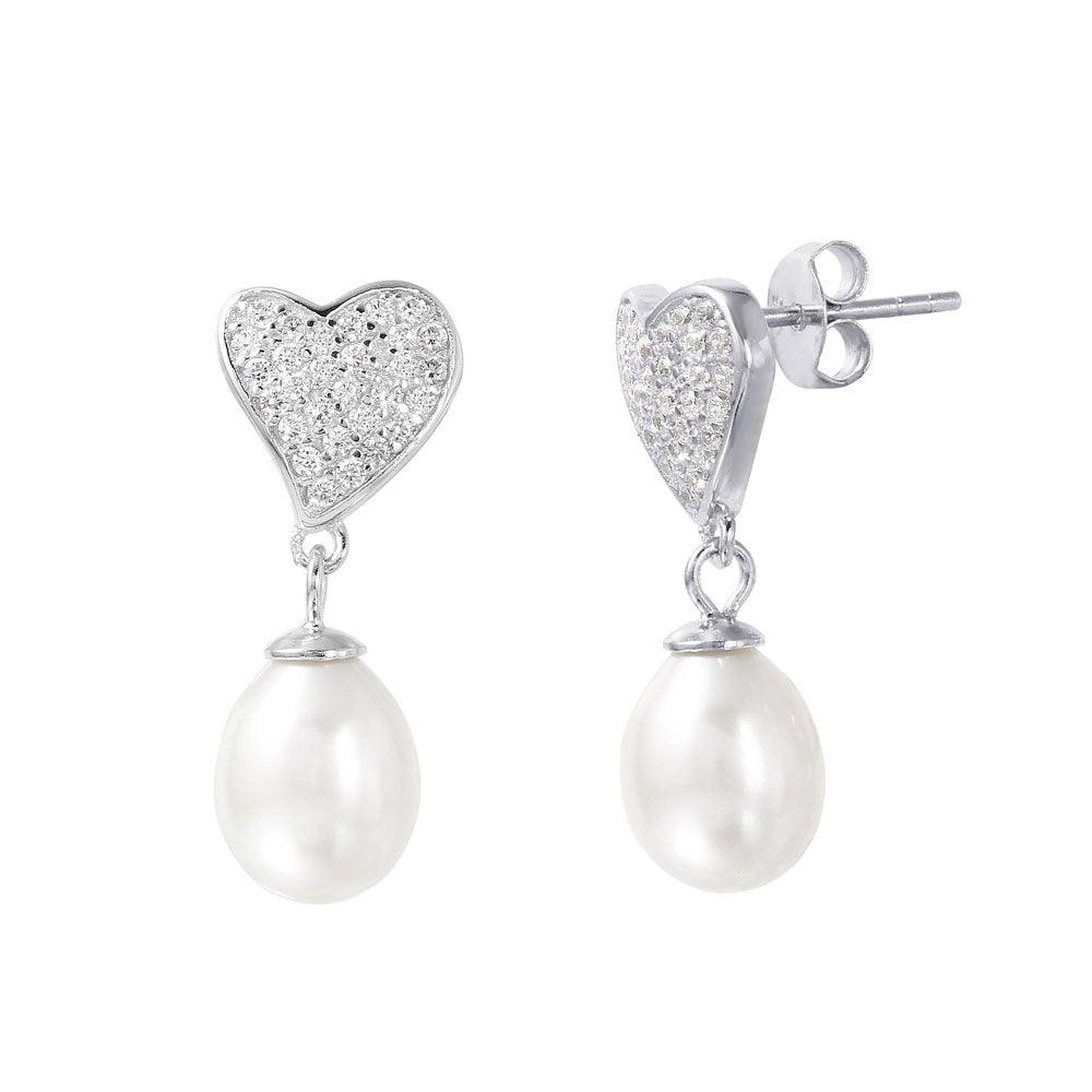 Silver 925 Rhodium Plated Heart Synthetic Pearl Pave CZ Dangling Stud Earrings - STE01003