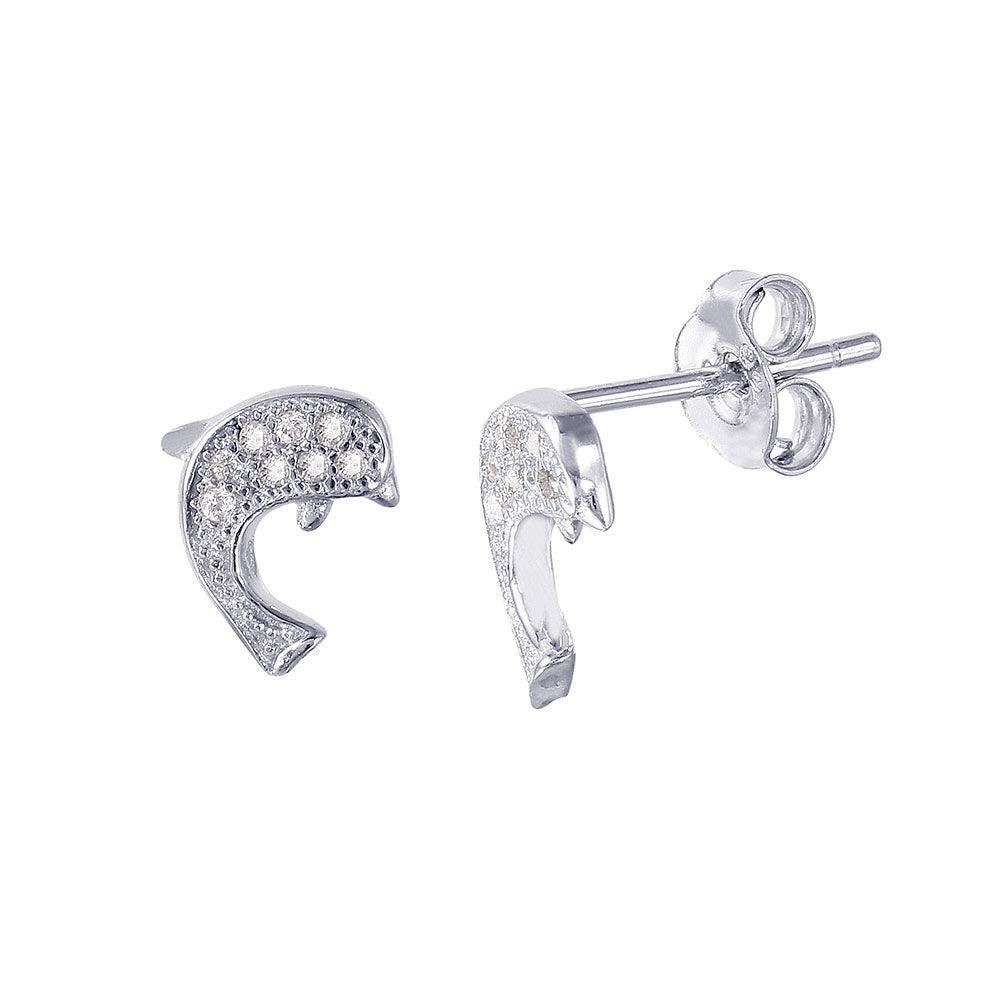 Silver 925 Rhodium Plated Dolphin CZ Earrings - STE01017