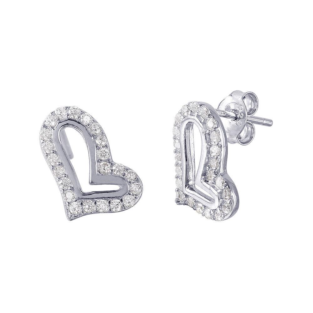 Silver 925 Open Side Way Heart CZ Earrings - STE01023