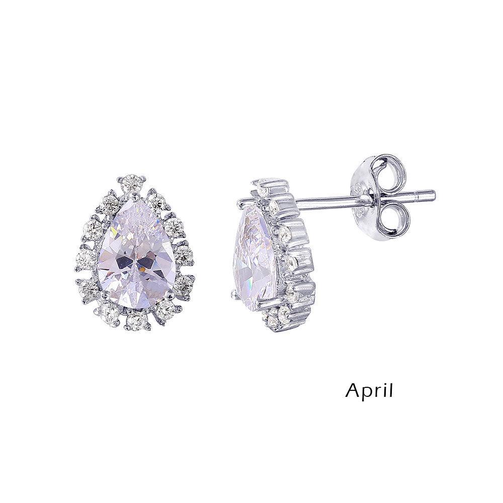 Rhodium Plated 925 Sterling Silver Teardrop Halo CZ Birthstone Earrings April - STE01027-APR