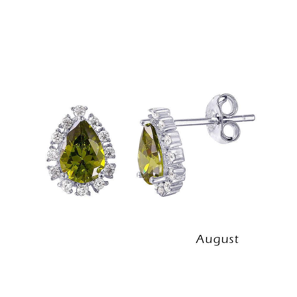 Rhodium Plated 925 Sterling Silver Teardrop Halo CZ Birthstone Earrings August - STE01027-AUG