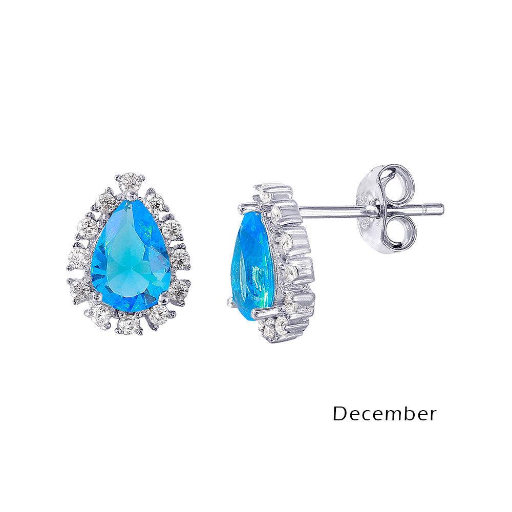 Rhodium Plated 925 Sterling Silver Teardrop Halo CZ Birthstone Earrings December - STE01027-DEC