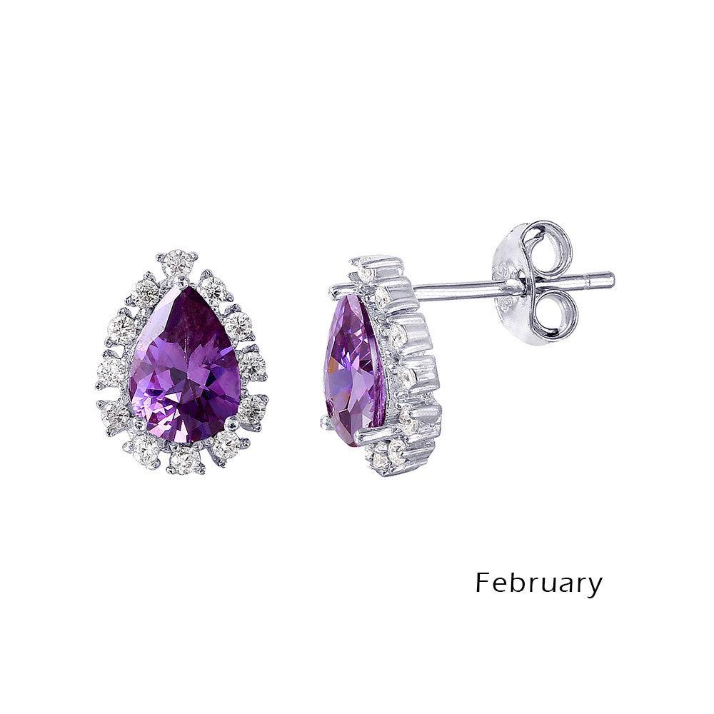 Rhodium Plated 925 Sterling Silver Teardrop Halo CZ Birthstone Earrings February - STE01027-FEB