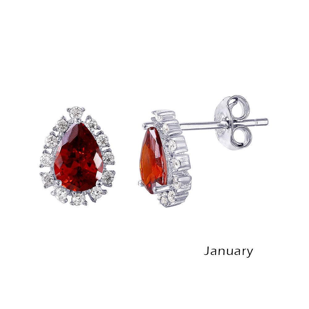 Rhodium Plated 925 Sterling Silver Teardrop Halo CZ Birthstone Earrings January - STE01027-JAN