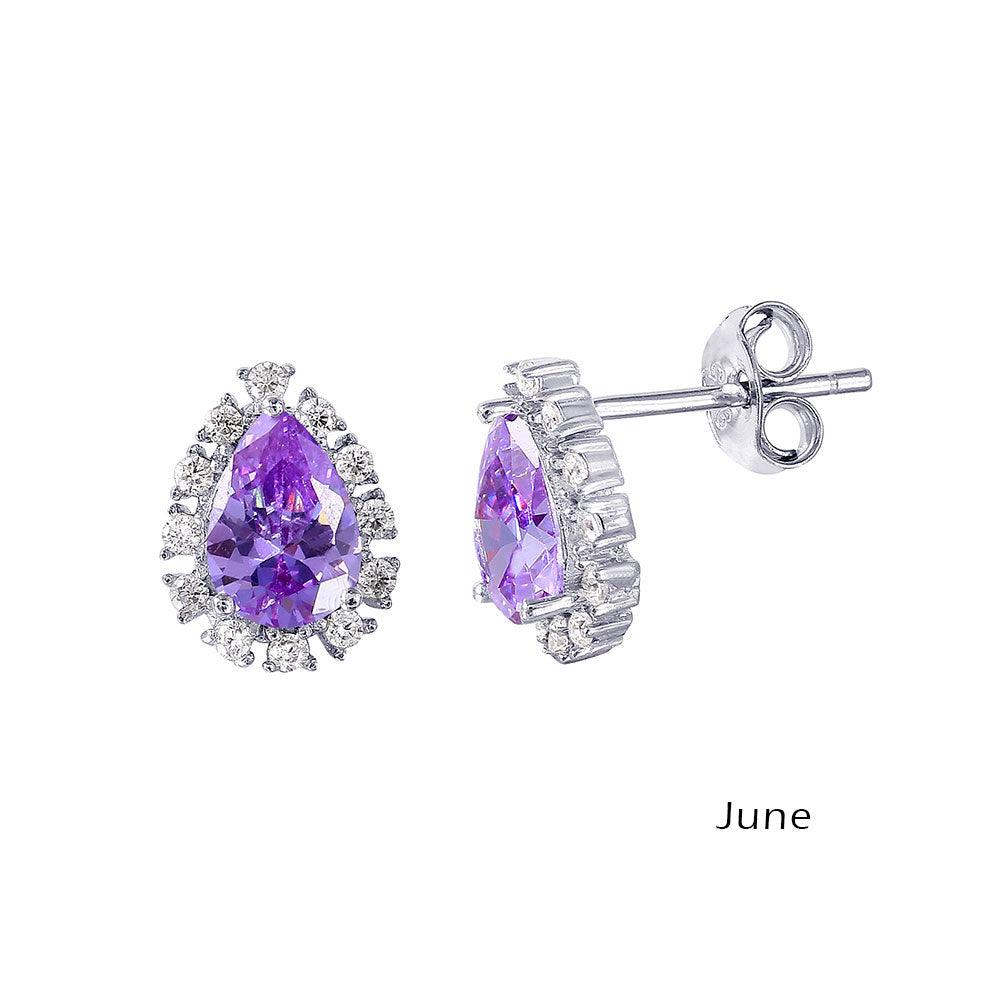 Rhodium Plated 925 Sterling Silver Teardrop Halo CZ Birthstone Earrings June - STE01027-JUN