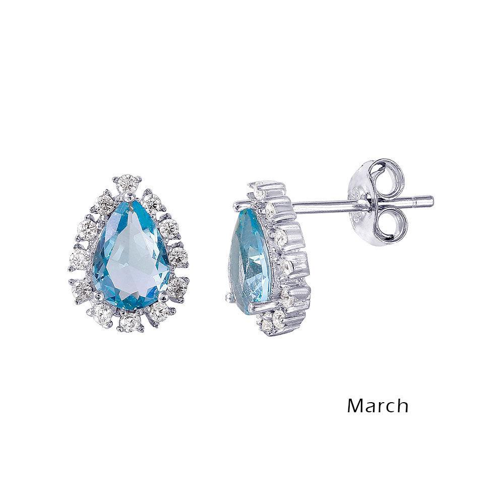 Rhodium Plated 925 Sterling Silver Teardrop Halo CZ Birthstone Earrings March - STE01027-MAR