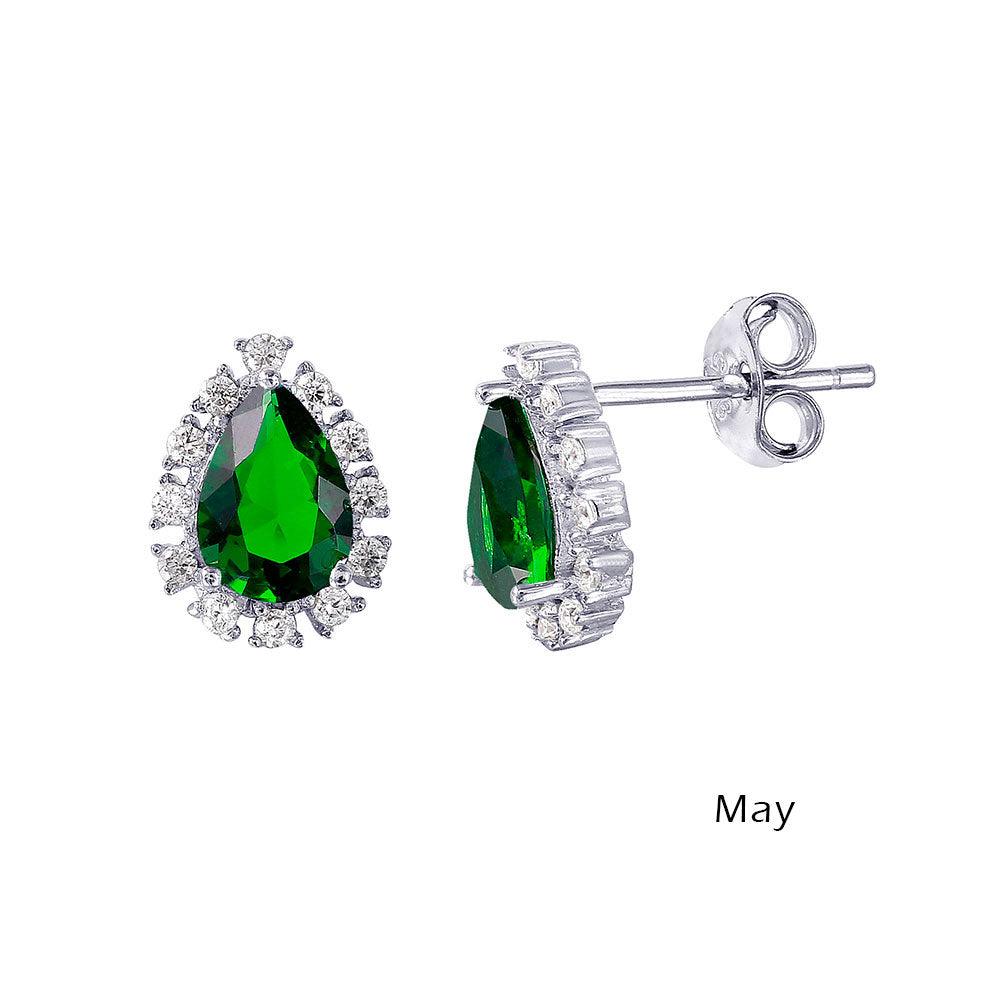 Rhodium Plated 925 Sterling Silver Teardrop Halo CZ Birthstone Earrings May - STE01027-MAY