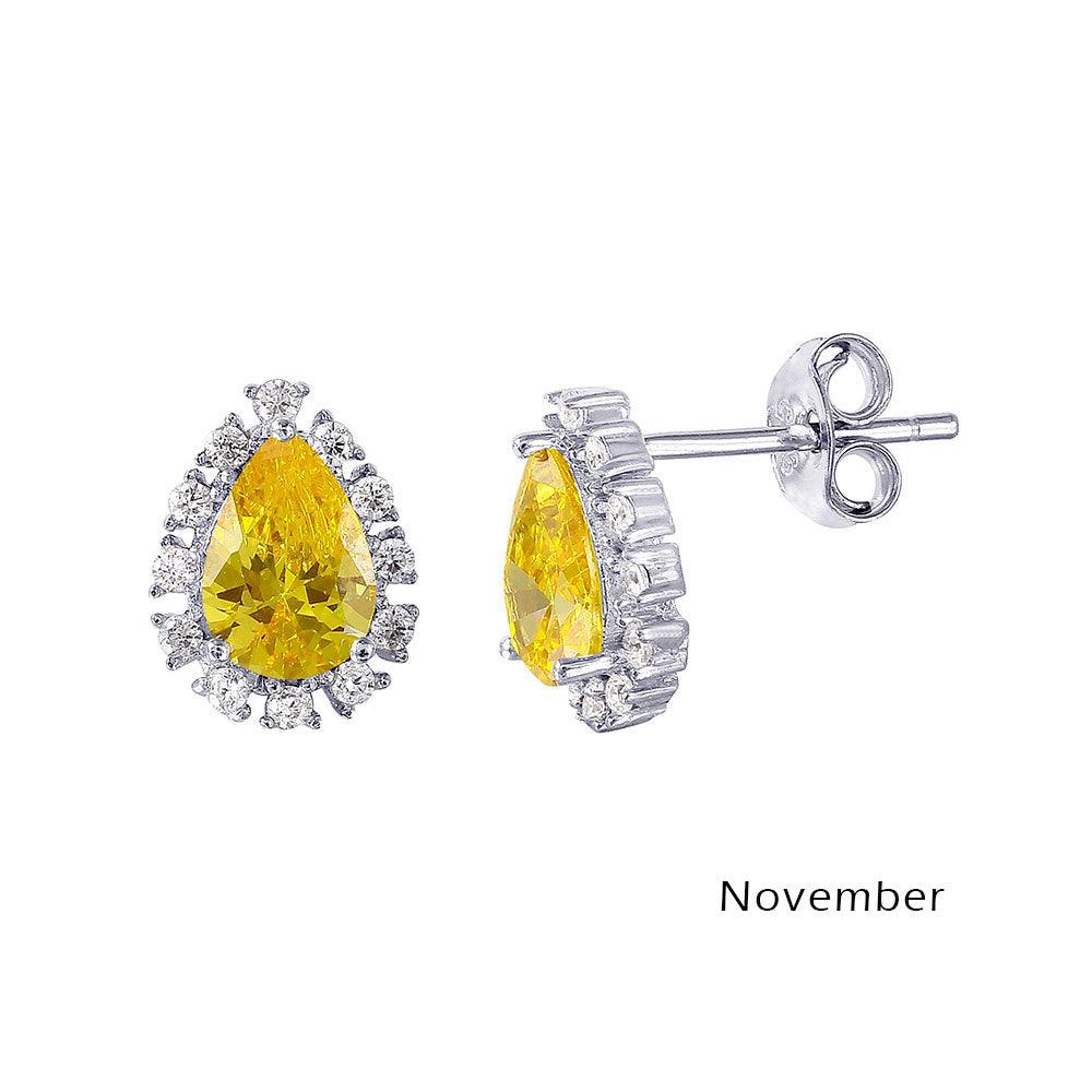 Rhodium Plated 925 Sterling Silver Teardrop Halo CZ Birthstone Earrings November - STE01027-NOV