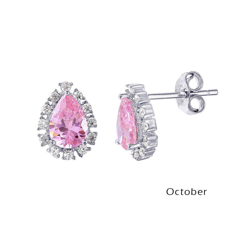 Rhodium Plated 925 Sterling Silver Teardrop Halo CZ Birthstone Earrings October - STE01027-OCT