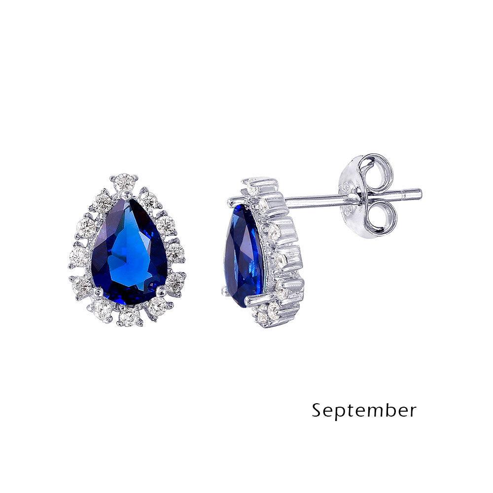 Rhodium Plated 925 Sterling Silver Teardrop Halo CZ Birthstone Earrings September - STE01027-SEP