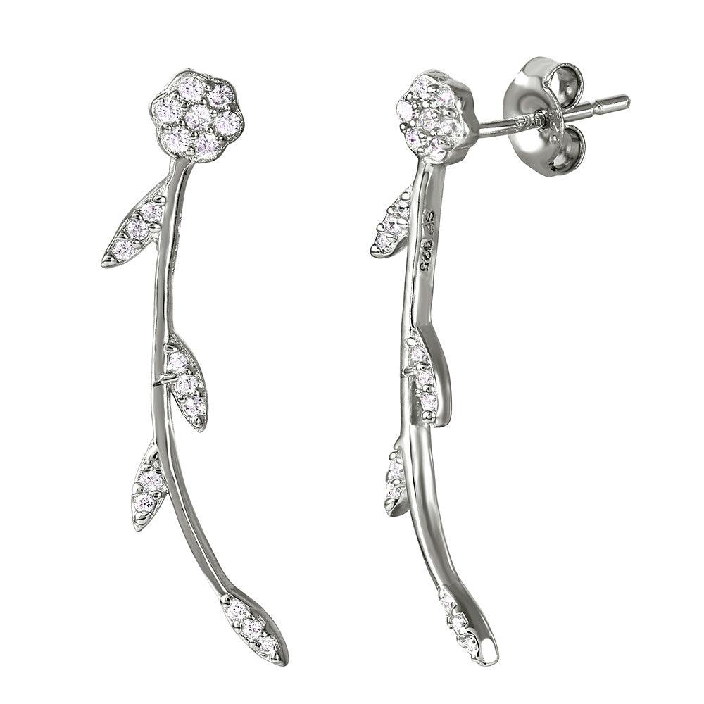 Silver 925 Rhodium Plated Long Stem Flower Earrings with CZ - STE01032