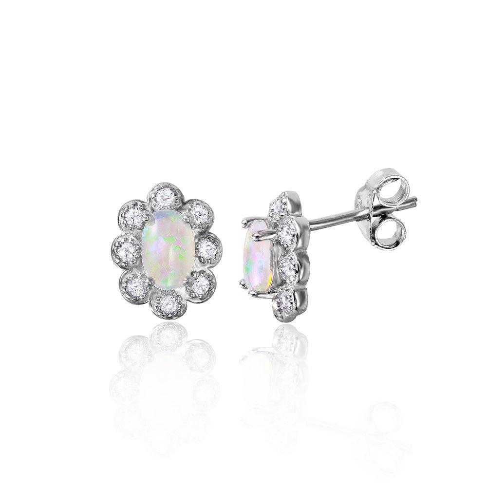 Silver 925 Rhodium Plated Flower Stud with CZ and Synthetic Opal - STE01038