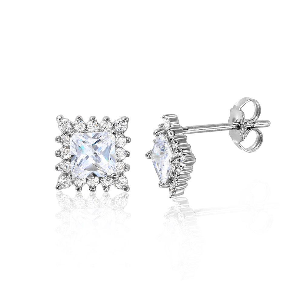 Silver 925 Rhodium Plated Square Halo Earrings - STE01039