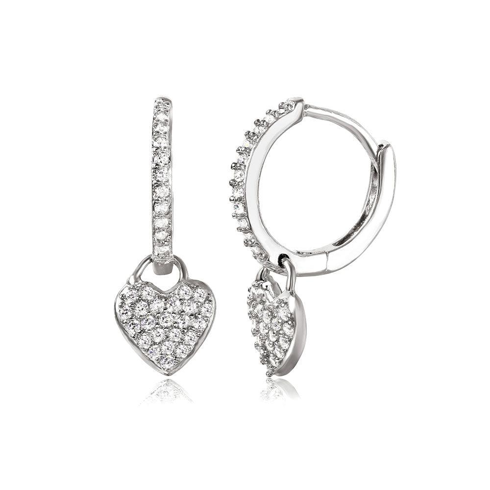 Silver 925 Rhodium Plated Hoop with Hanging Heart Earrings - STE01042