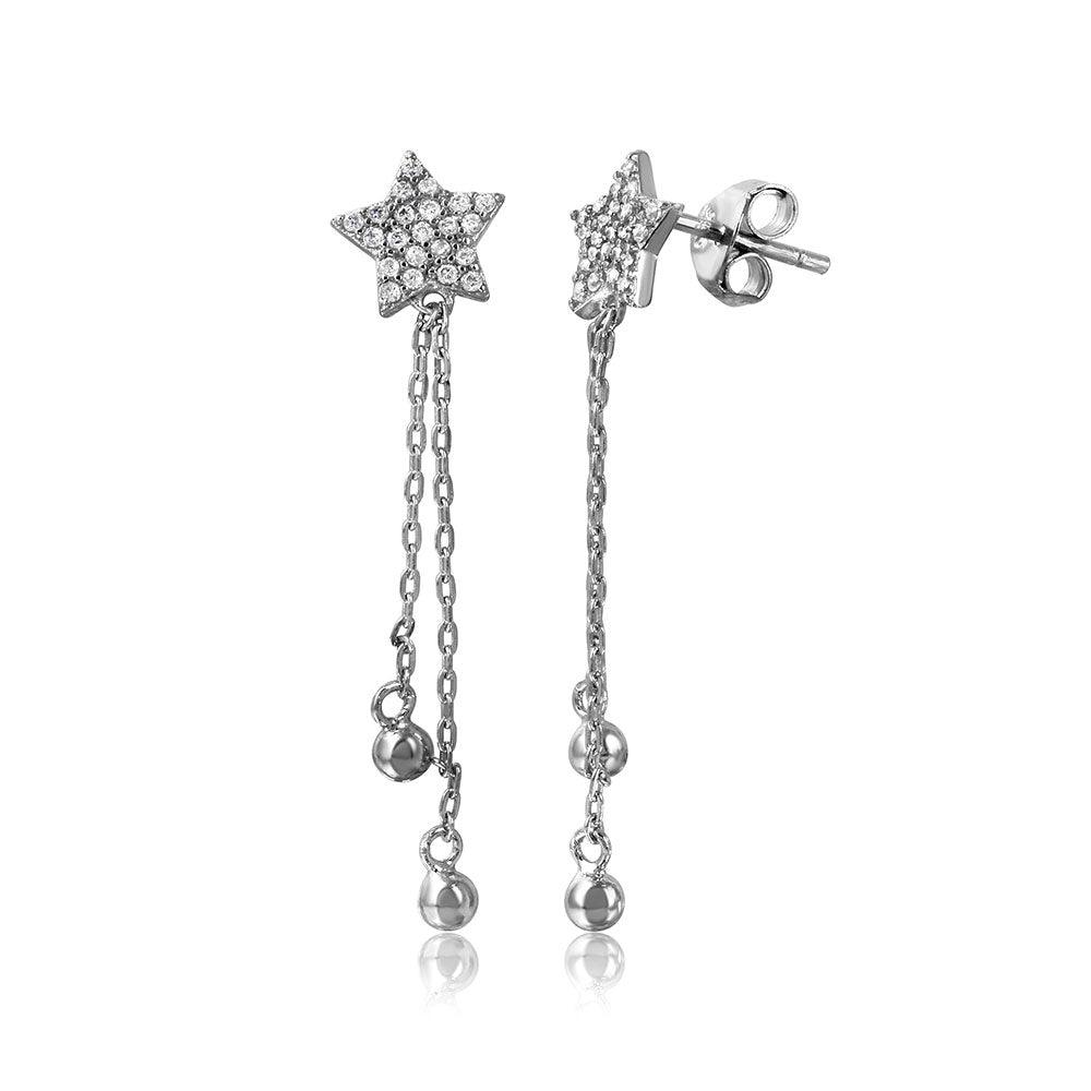 Silver 925 Rhodium Plated CZ Star with Hanging Strands Earrings - STE01060