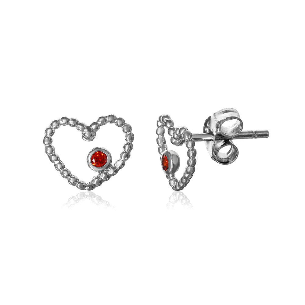 Silver 925 Rhodium Plated Open Heart with Red CZ Earrings - STE01062